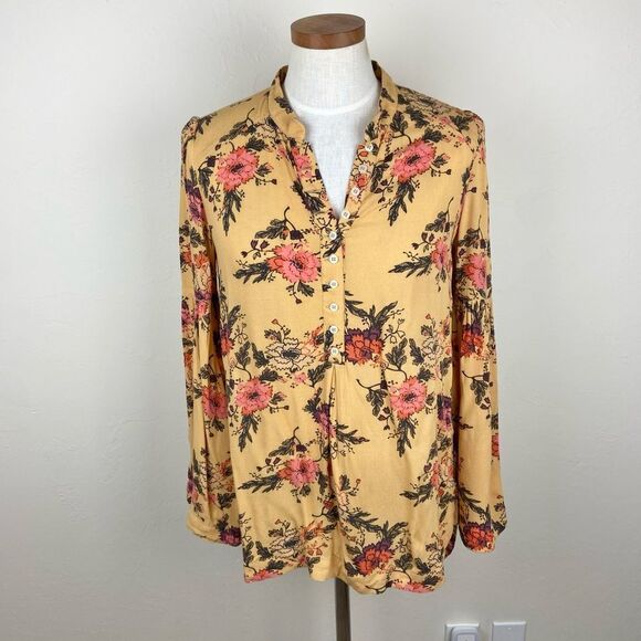 Free People Easy Girl Boho Bell Sleeve Top - Mustard Floral - Picture 2 of 7